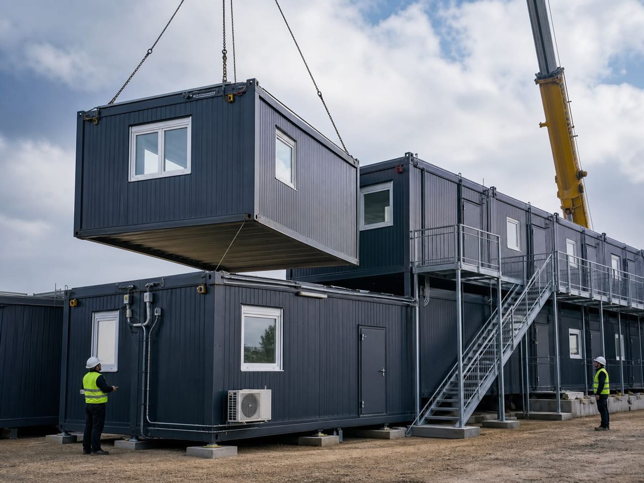 Container office complex installation with crane placement, levelling, stairs, and utility connections