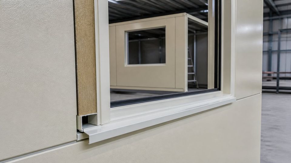 Window frame interface with surrounding panels showing sealing detail