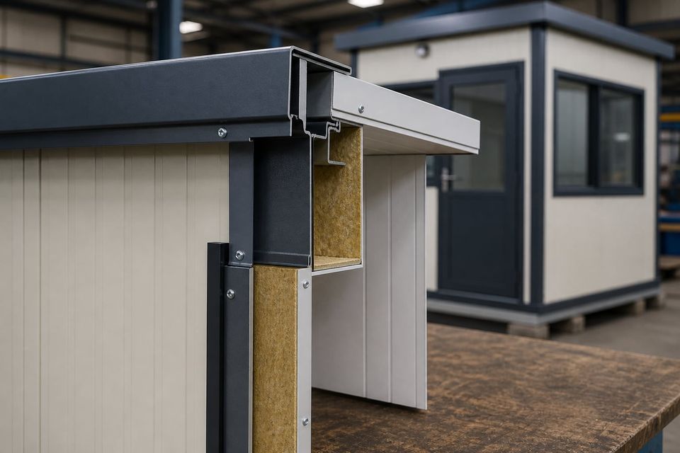 Sandwich panel build-up showing insulating core, facings, and joint profile