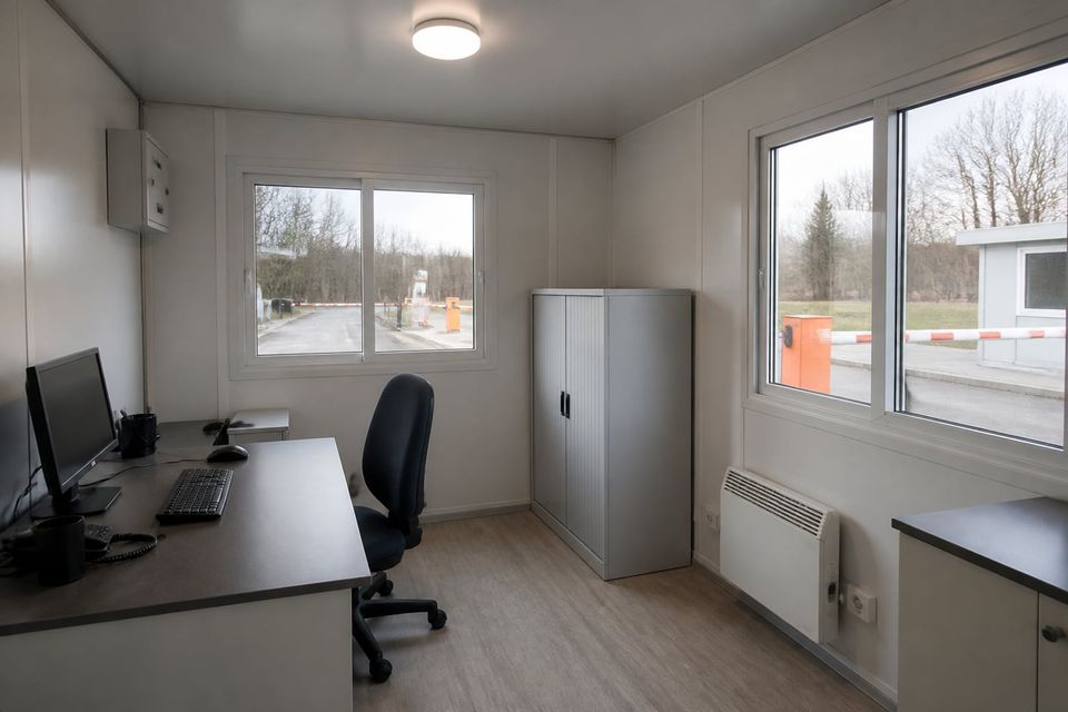 Interior of a panel cabin fitted out with a work surface, storage, and controls