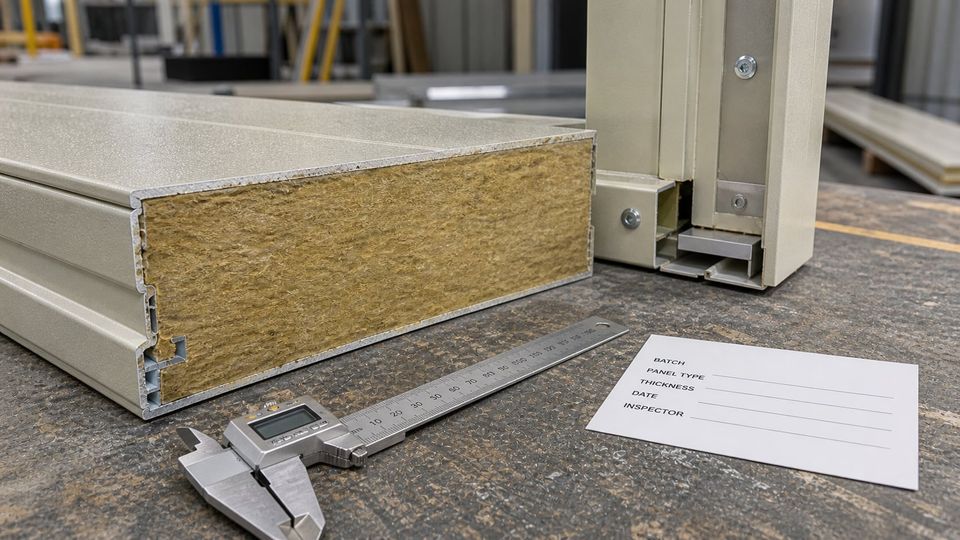 Sandwich panel edge showing core, facings, coating, and joint profile