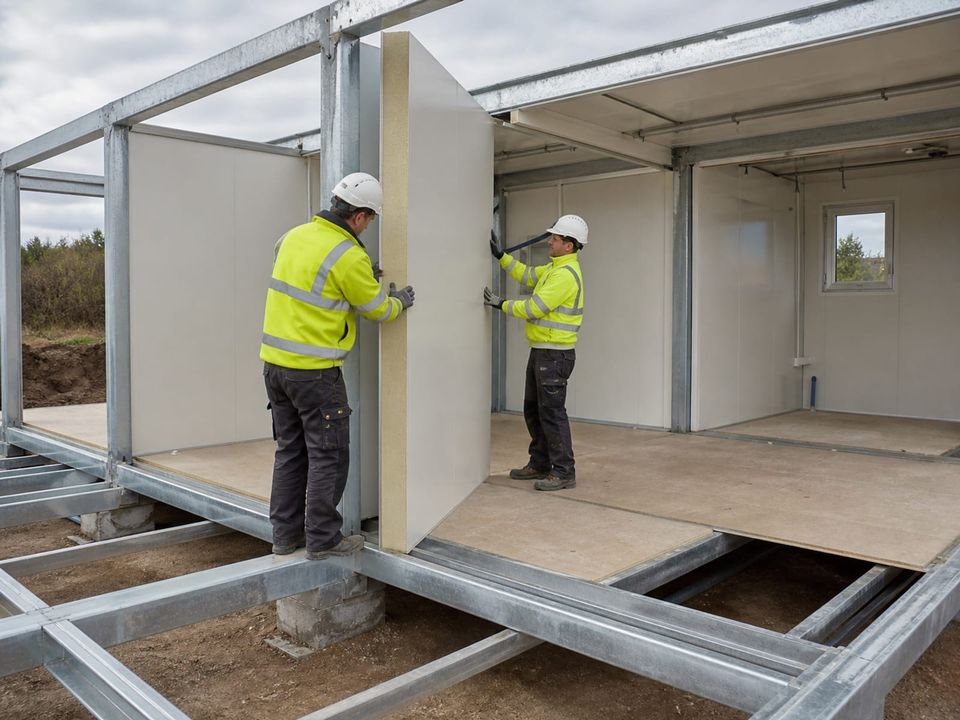 Insulated wall panels being located into frame profiles during flat-pack assembly