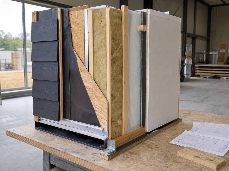 Prefab wall panel section showing core material, facings, and joint profile
