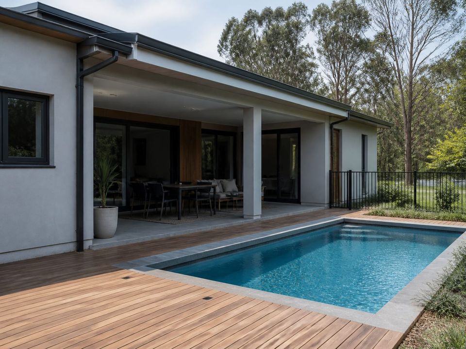 Prefab villa pool deck with shading, lighting, and plant enclosure