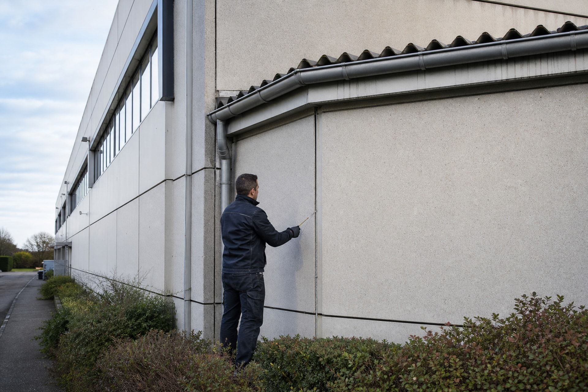 Technician inspecting the envelope of a prefabricated building