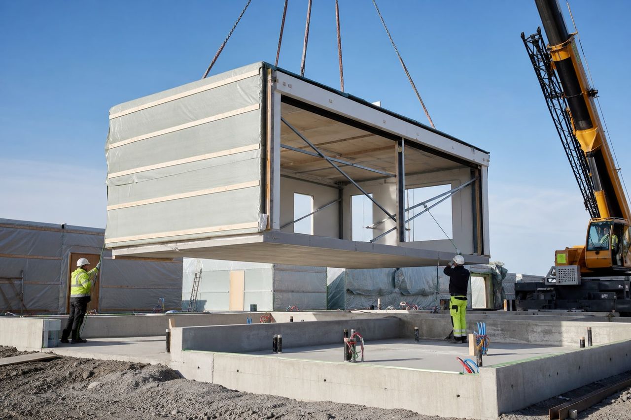 Prefab building sections being installed on prepared foundations at a coordinated project site