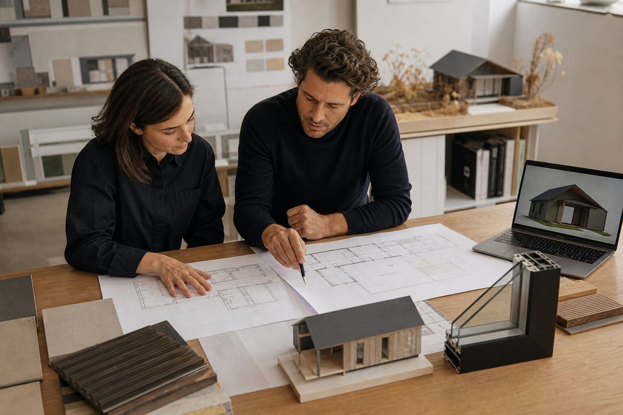 Architectural and engineering team coordinating a contemporary prefab home