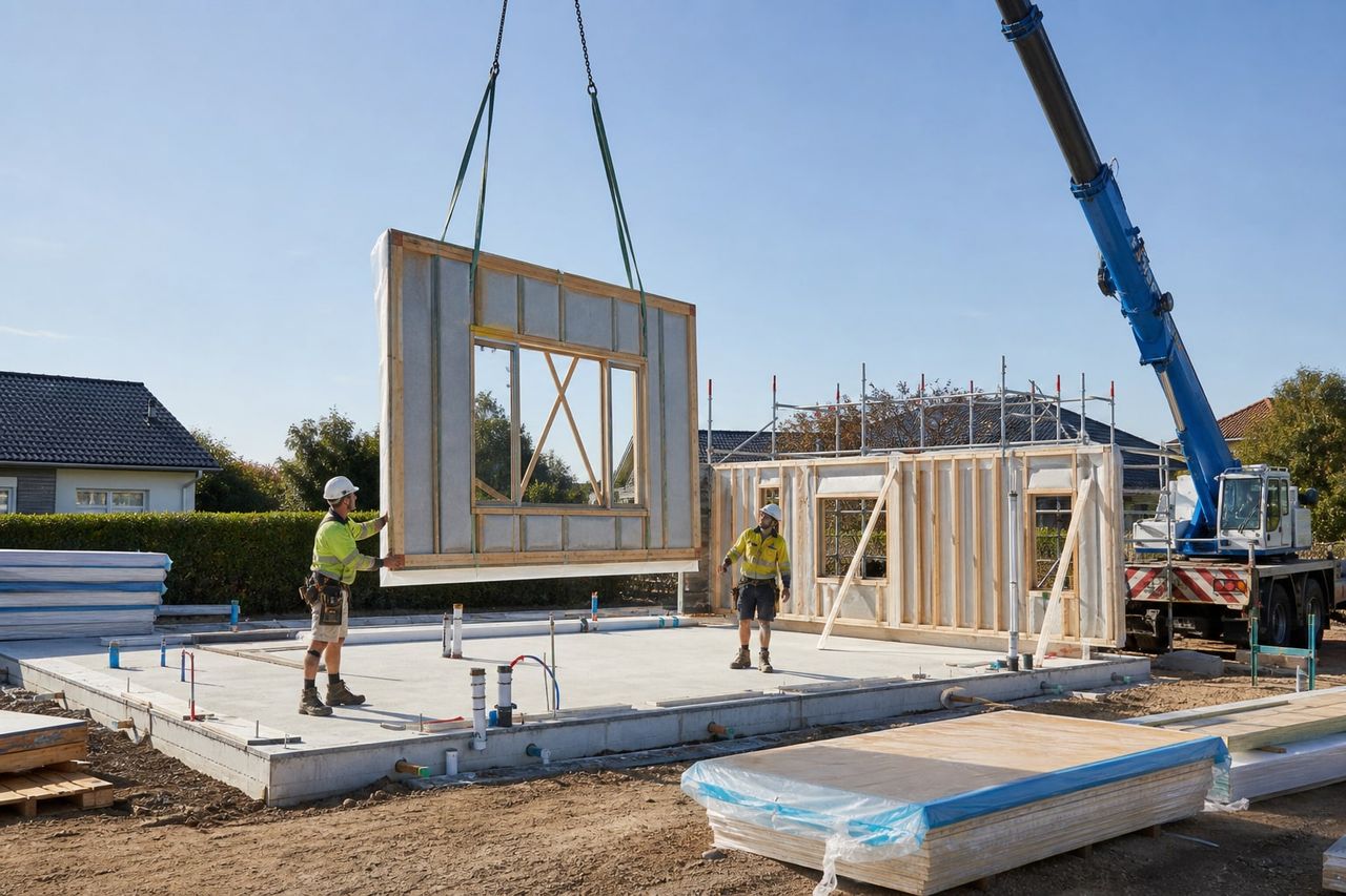 Prefabricated home sections being installed on prepared foundations at a coordinated residential site