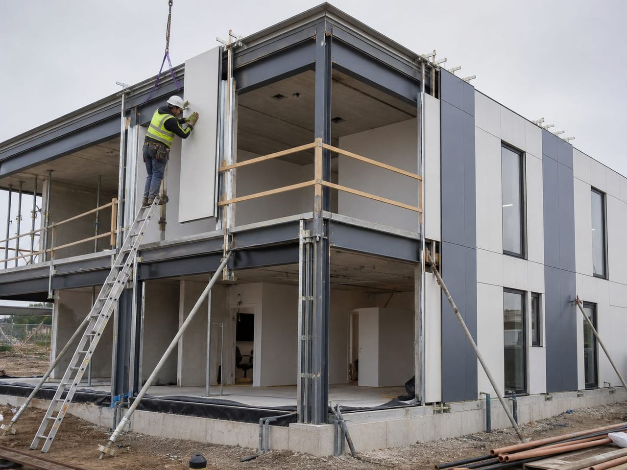 Prefab office building sections being installed on prepared foundations with coordinated utility connections