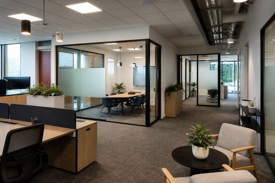 Modern interior of a prefab office building with daylight and acoustic finishes