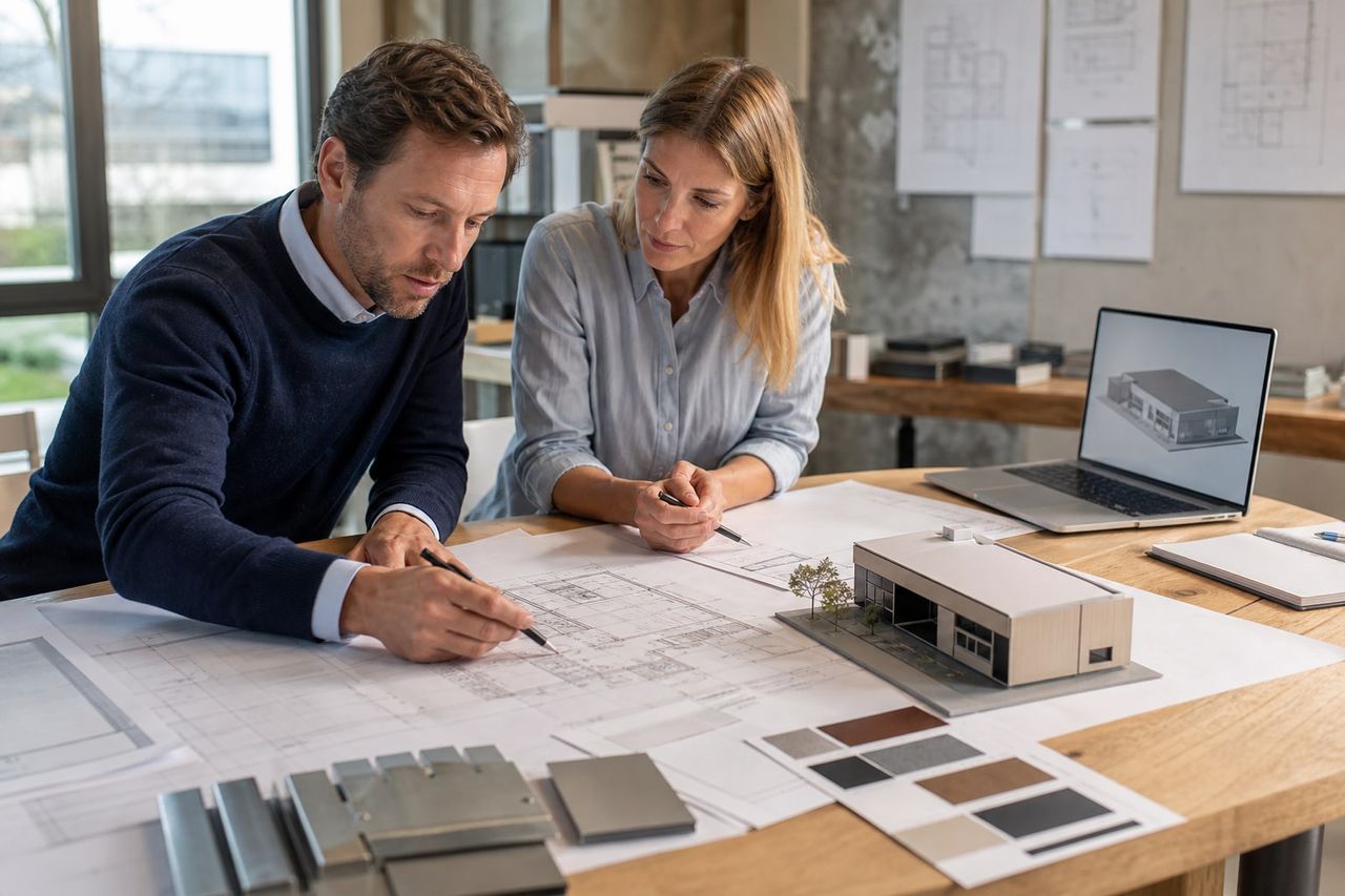 Architects and engineers reviewing the coordinated design of a modern prefab structure