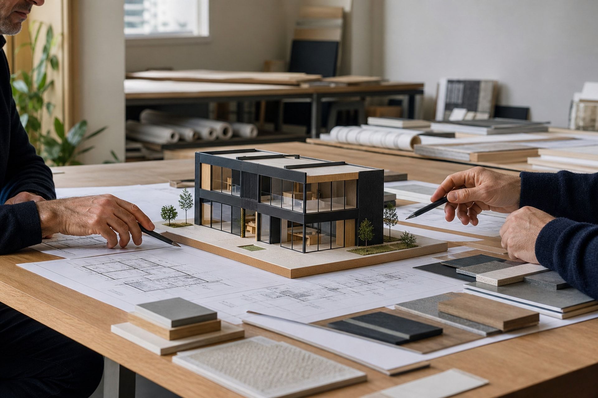 Project team reviewing a modular building model and material samples