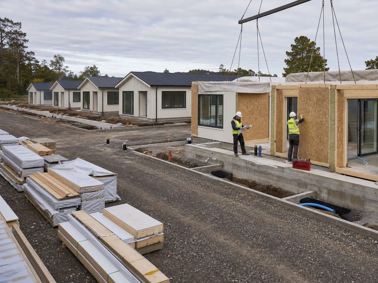 Earthquake rehousing programme under construction with infrastructure and completed dwellings