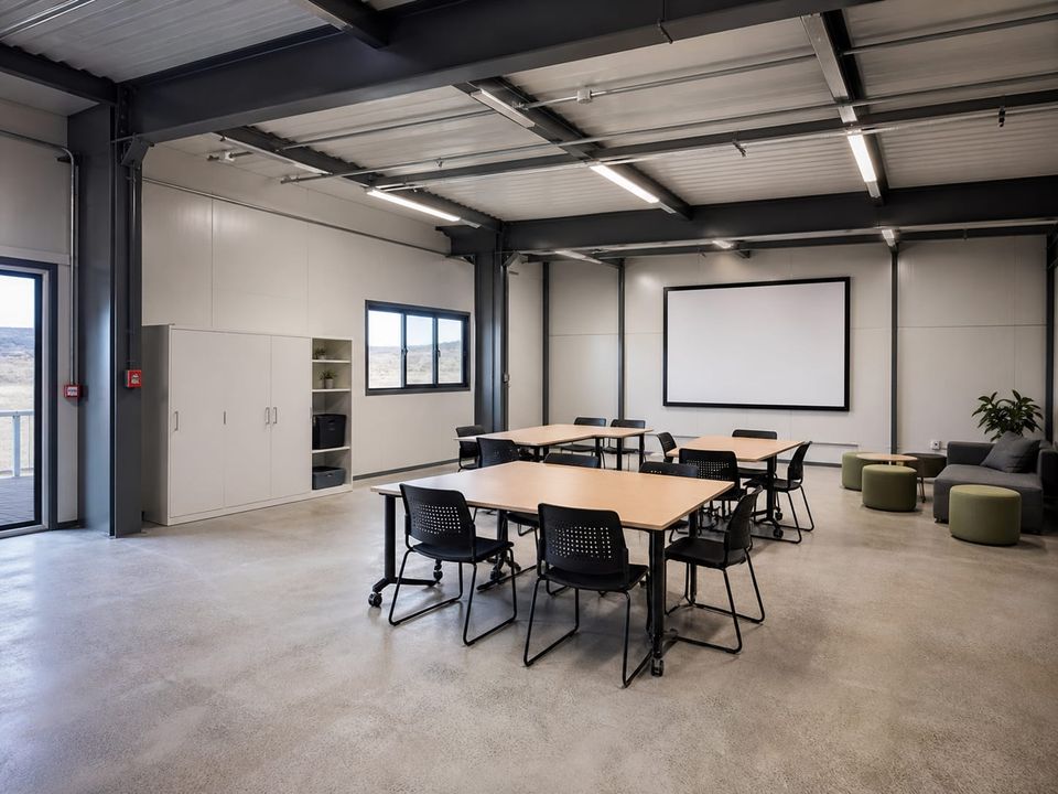 Adaptable prefab recreation and training room designed for different activities and user groups