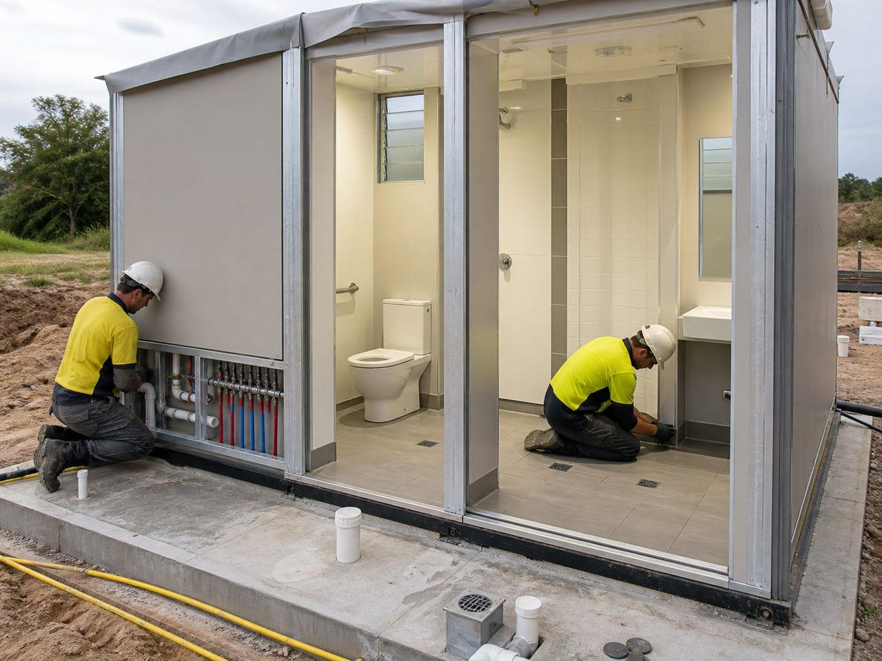 Prefab restroom block installation coordinated with base, drainage connection, water supply, and access route