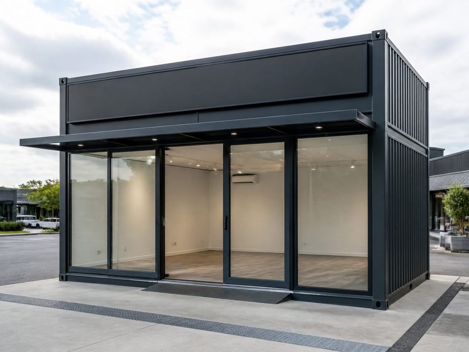 Custom container retail unit with glazing, signage provision, and accessible entry