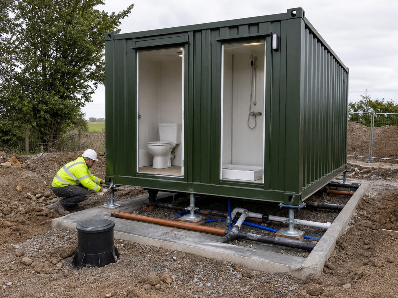 Toilet and shower container installation with crane placement, levelling, and mains connections