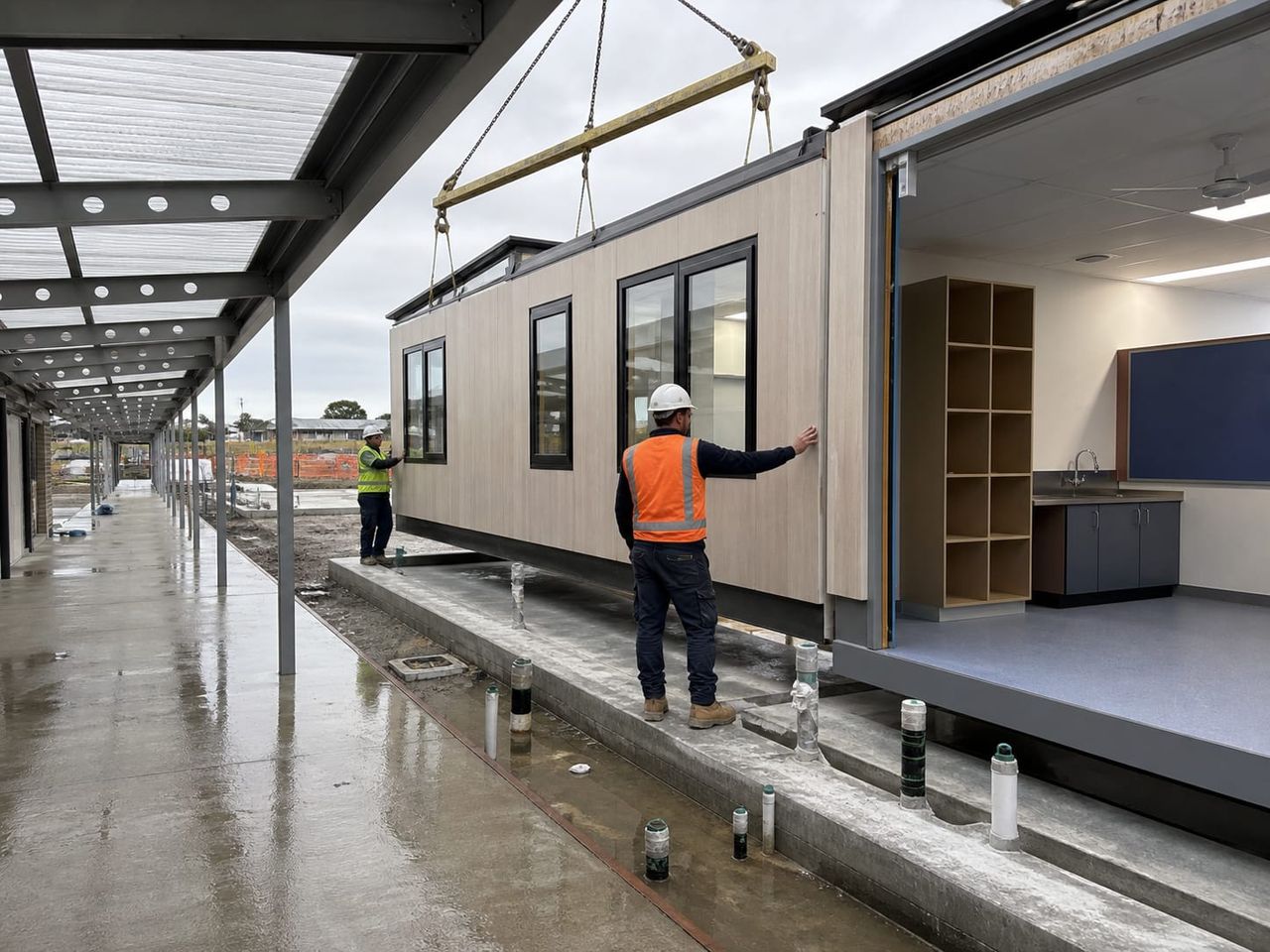 Prefab school building installation coordinated with prepared foundations, services, access, and external learning areas