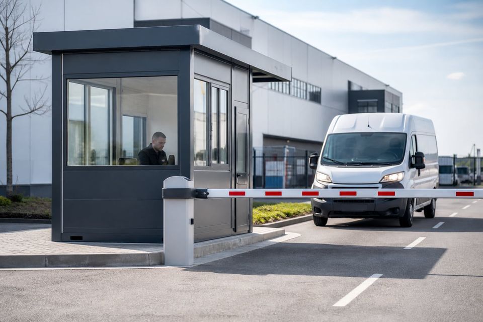 Security cabin positioned at a controlled vehicle and pedestrian entrance