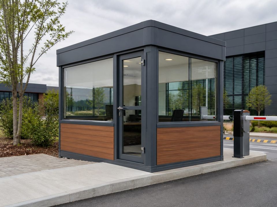 Metropol security cabin at a site entrance with all-round glazing and modern cladding