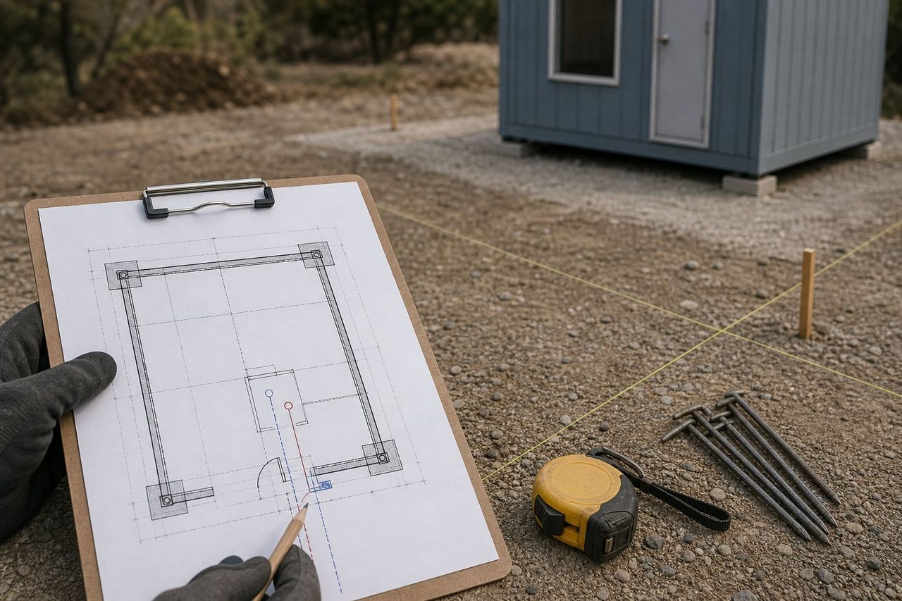 Panel cabin being set out on site according to an approved floor plan