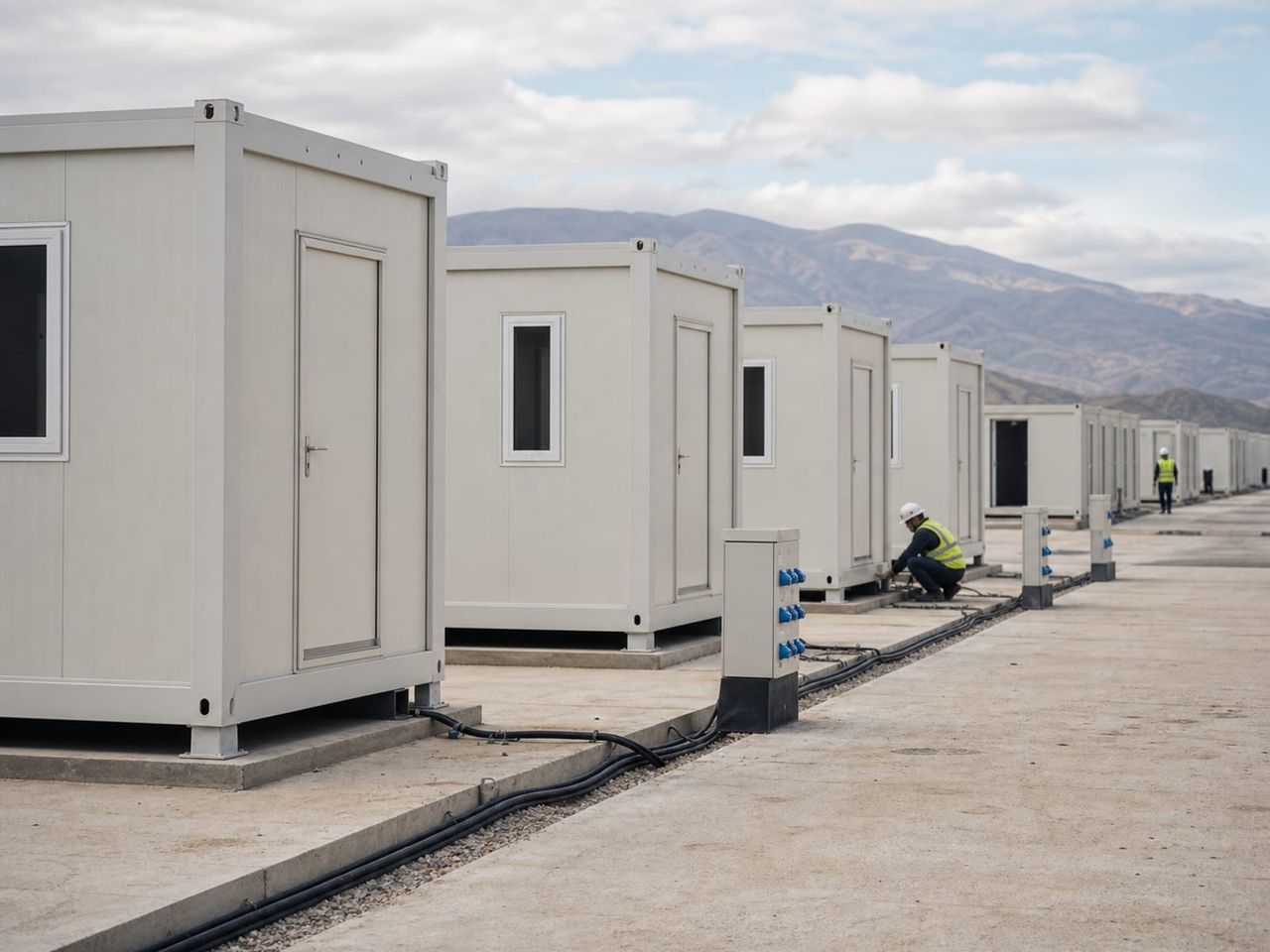 Disaster shelter container deployment with prepared hardstanding, distribution, and utility connections