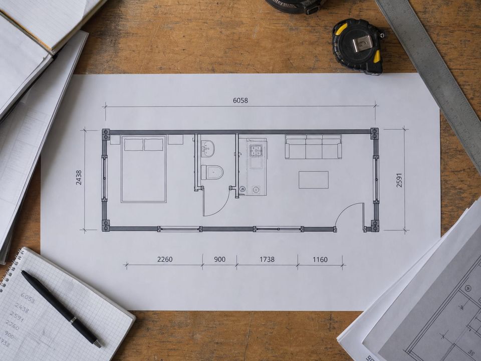 Single-module container floor plan showing dimensions, openings, and service positions