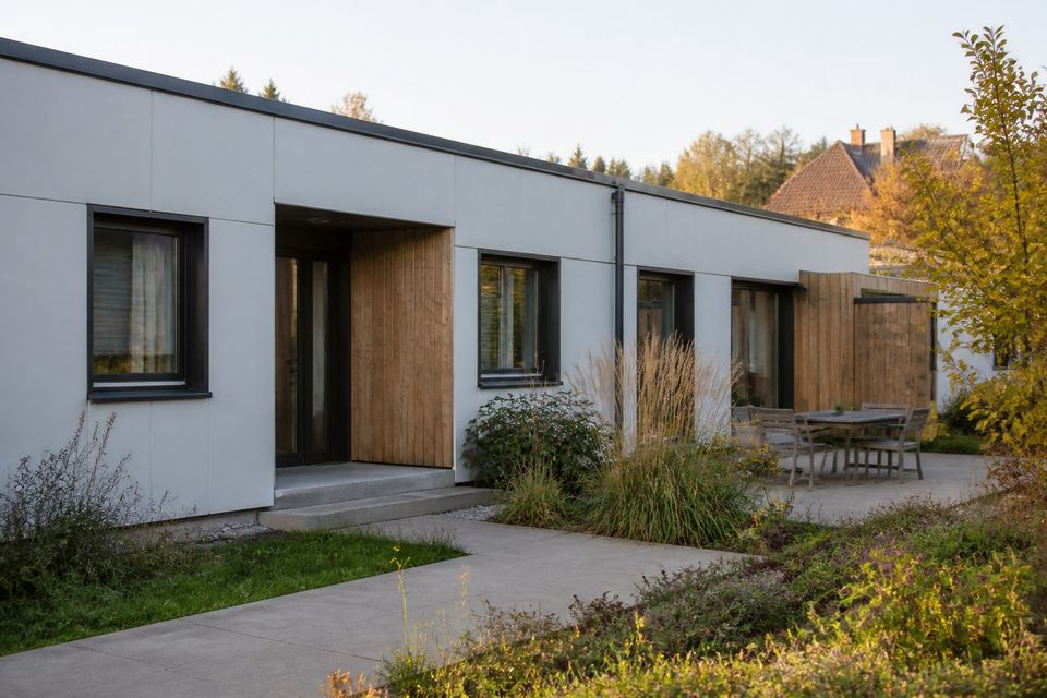 Contemporary single-storey prefab home connected to a private landscaped garden