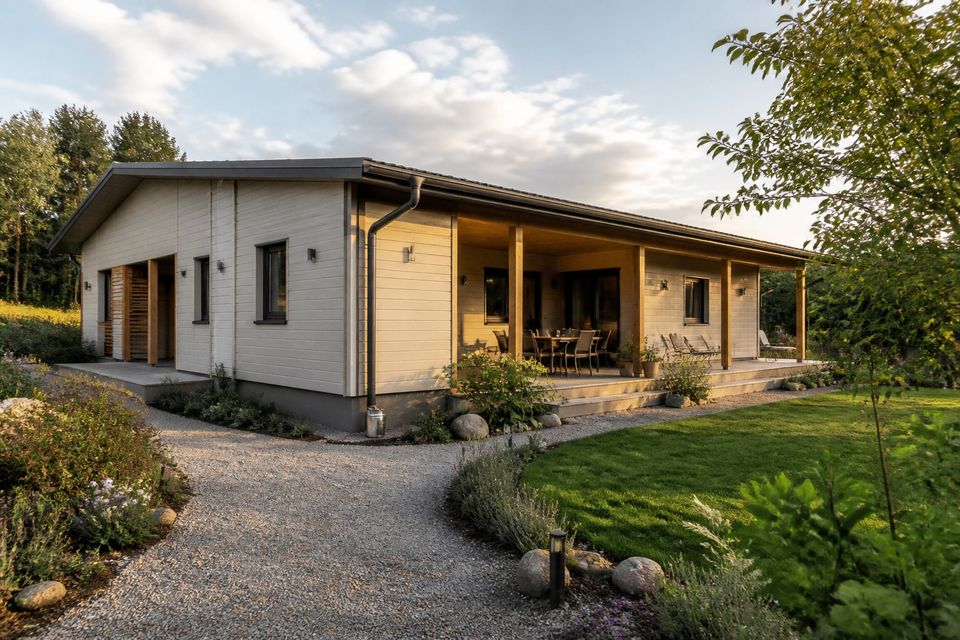 Contemporary single-storey steel-framed home connected to a landscaped outdoor area