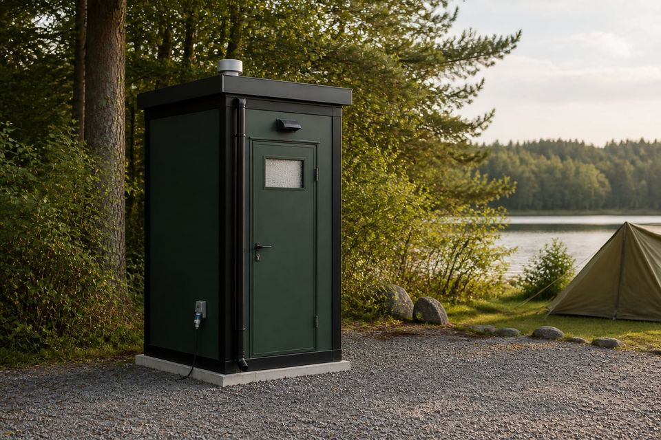 Single-cubicle portable toilet cabin placed at a work front
