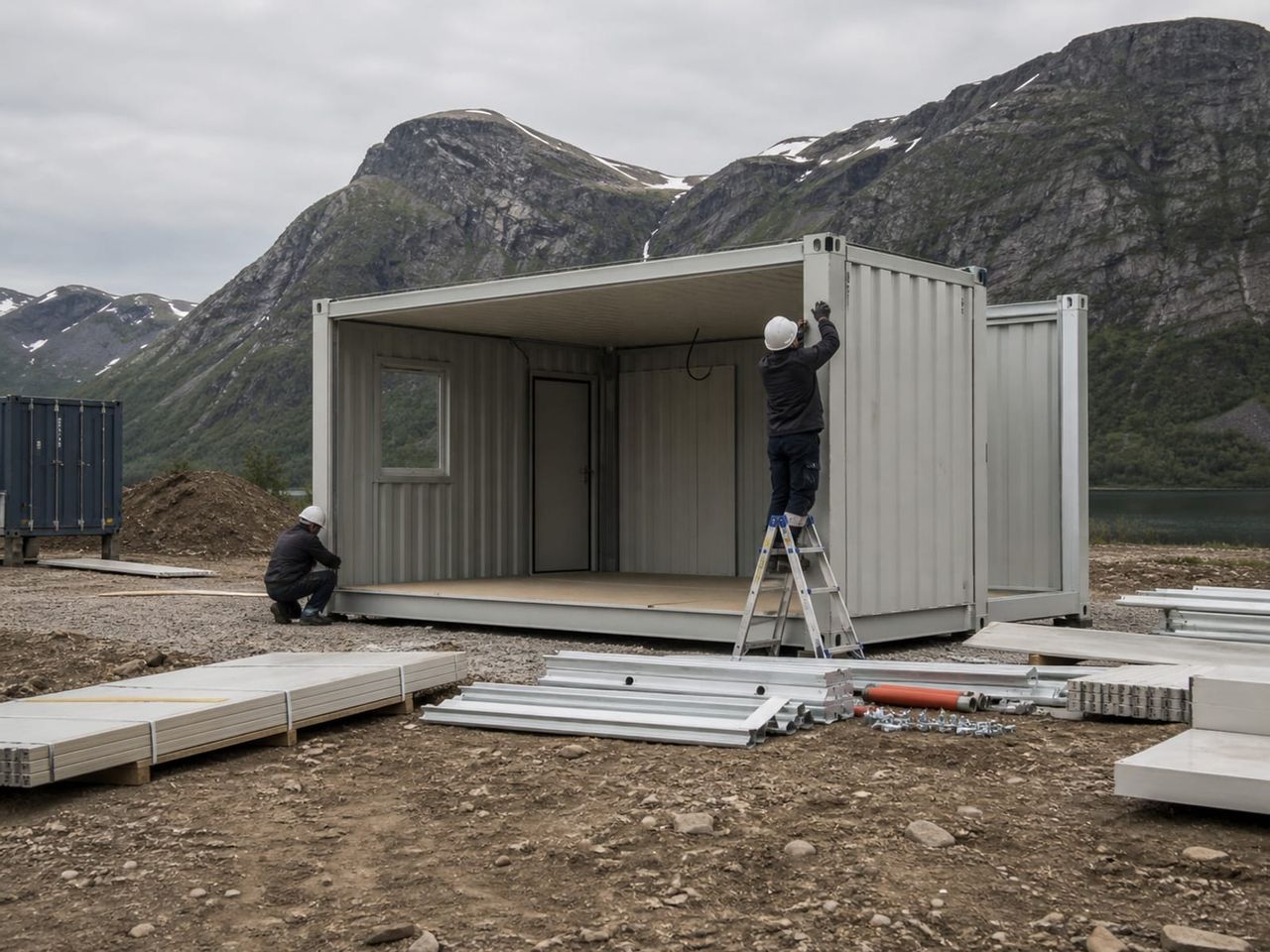 Flat-pack container assembly on a remote project site with a small crew and hand tools