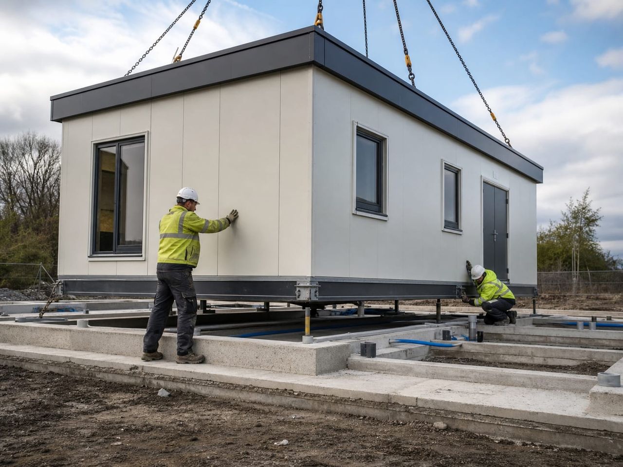 Prefab site building sections being installed on prepared foundations within a coordinated project compound