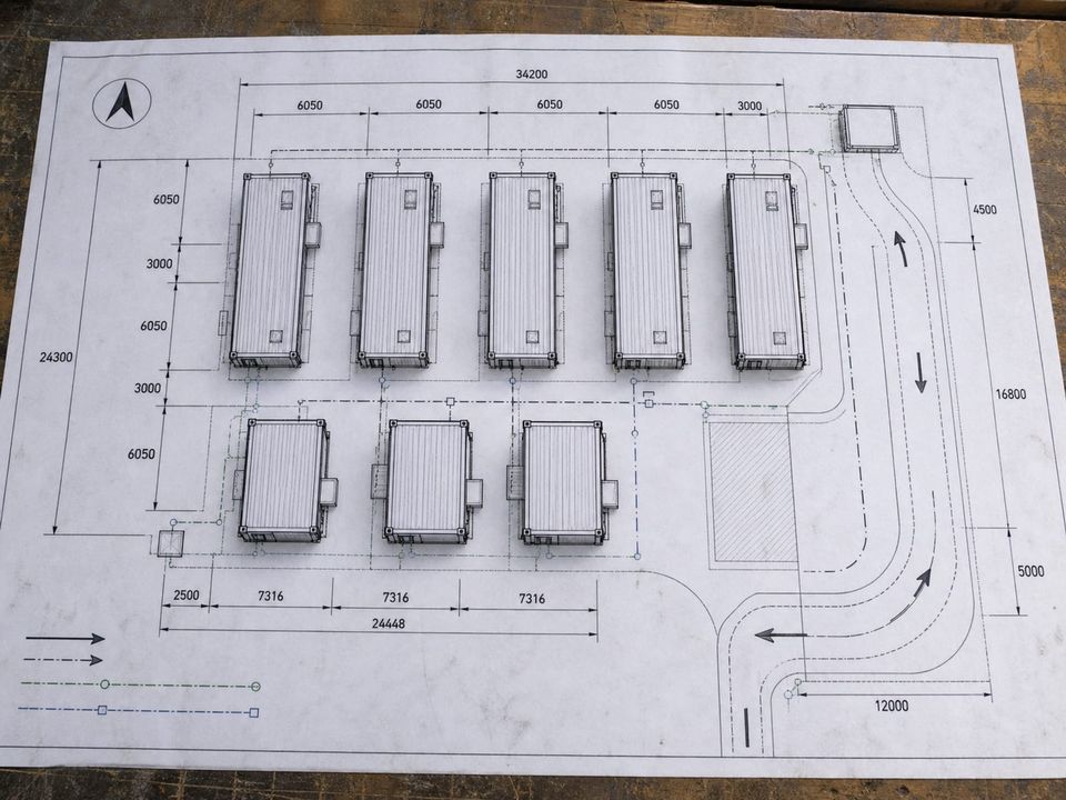 Container site layout plan showing unit spacing, access routes, and drainage runs