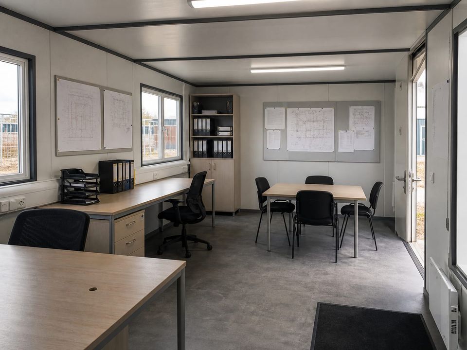 Daylit prefab site office interior arranged for project coordination and technical teams
