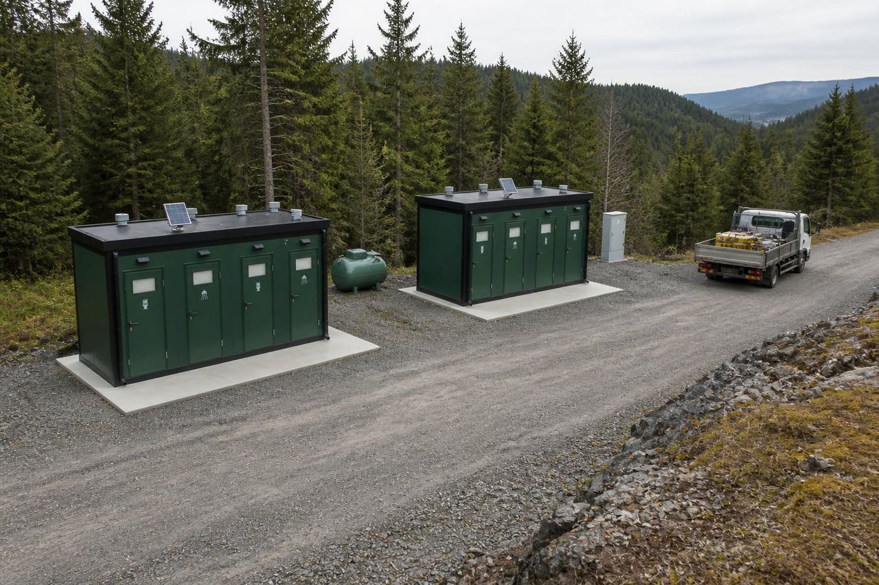 Portable sanitary cabins placed on level ground with service vehicle access