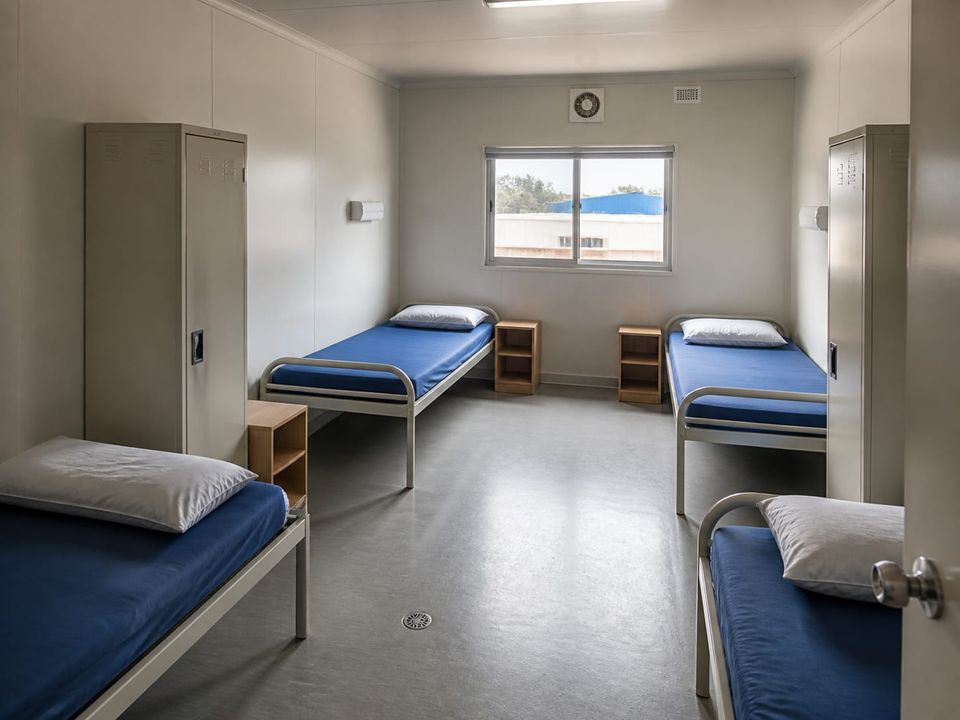 Prefab dormitory sleeping room with bed layout, personal storage, and blackout provision