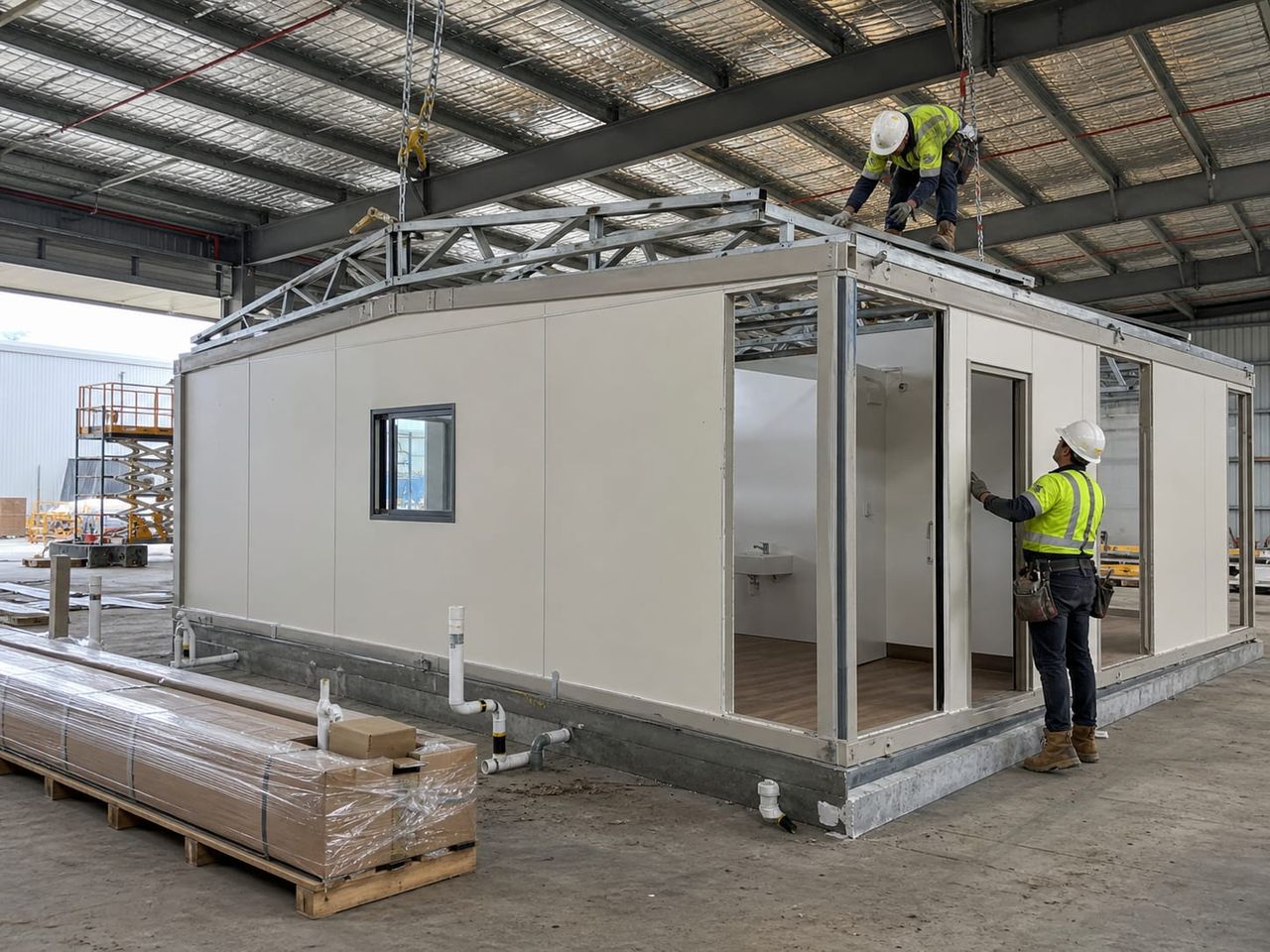 Prefab social facility installation coordinated with foundations, utilities, access, and external works