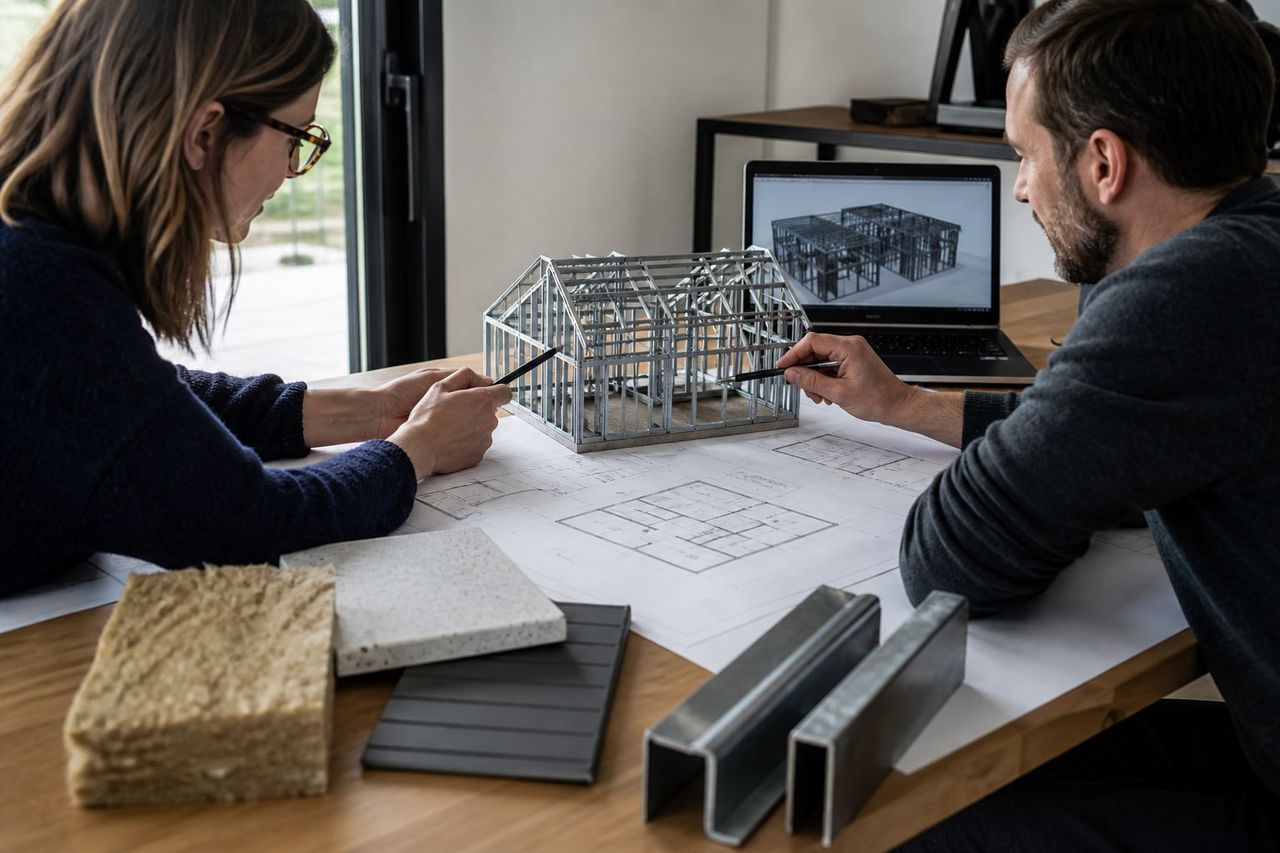 Architect and engineer coordinating a contemporary steel-framed home design