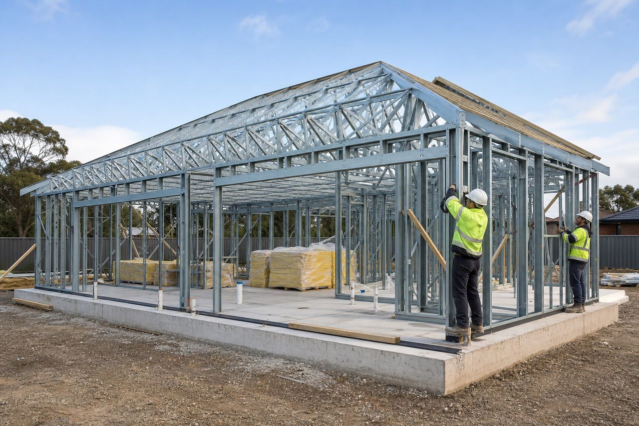 Cold-formed steel wall and roof framing being installed on a prepared residential foundation