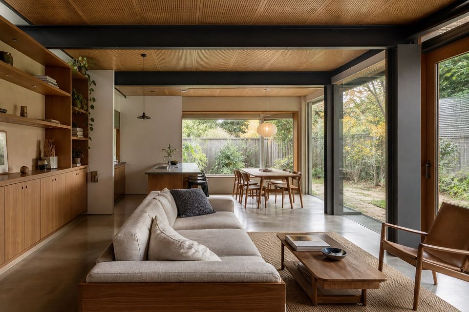 Daylit interior of a steel-framed home with open living spaces and warm finishes