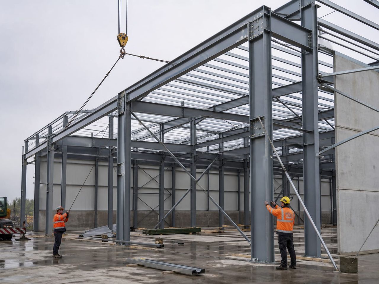Structural steel frame being erected with temporary stability and coordinated lifting access