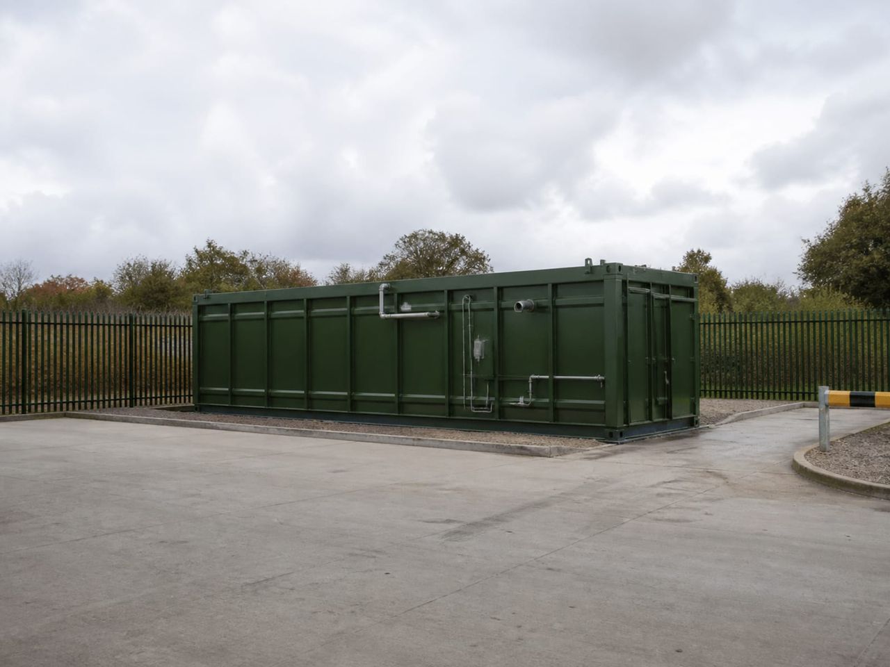 Waste storage container placed with separation distance, vehicle access, and hardstanding