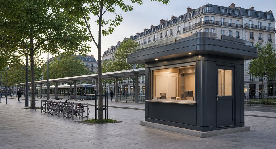 Metro cabin in a transport interchange setting with coordinated cladding and signage