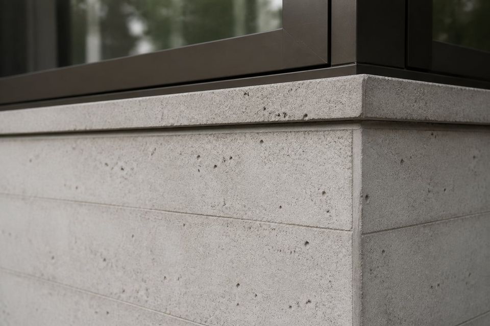 Precast cabin surface finish showing texture, colour, and edge detail