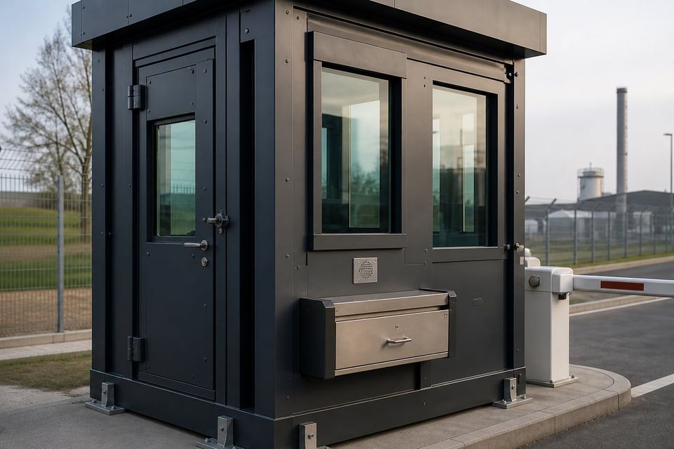 Pass tray and speech transmission provision in an armored booth