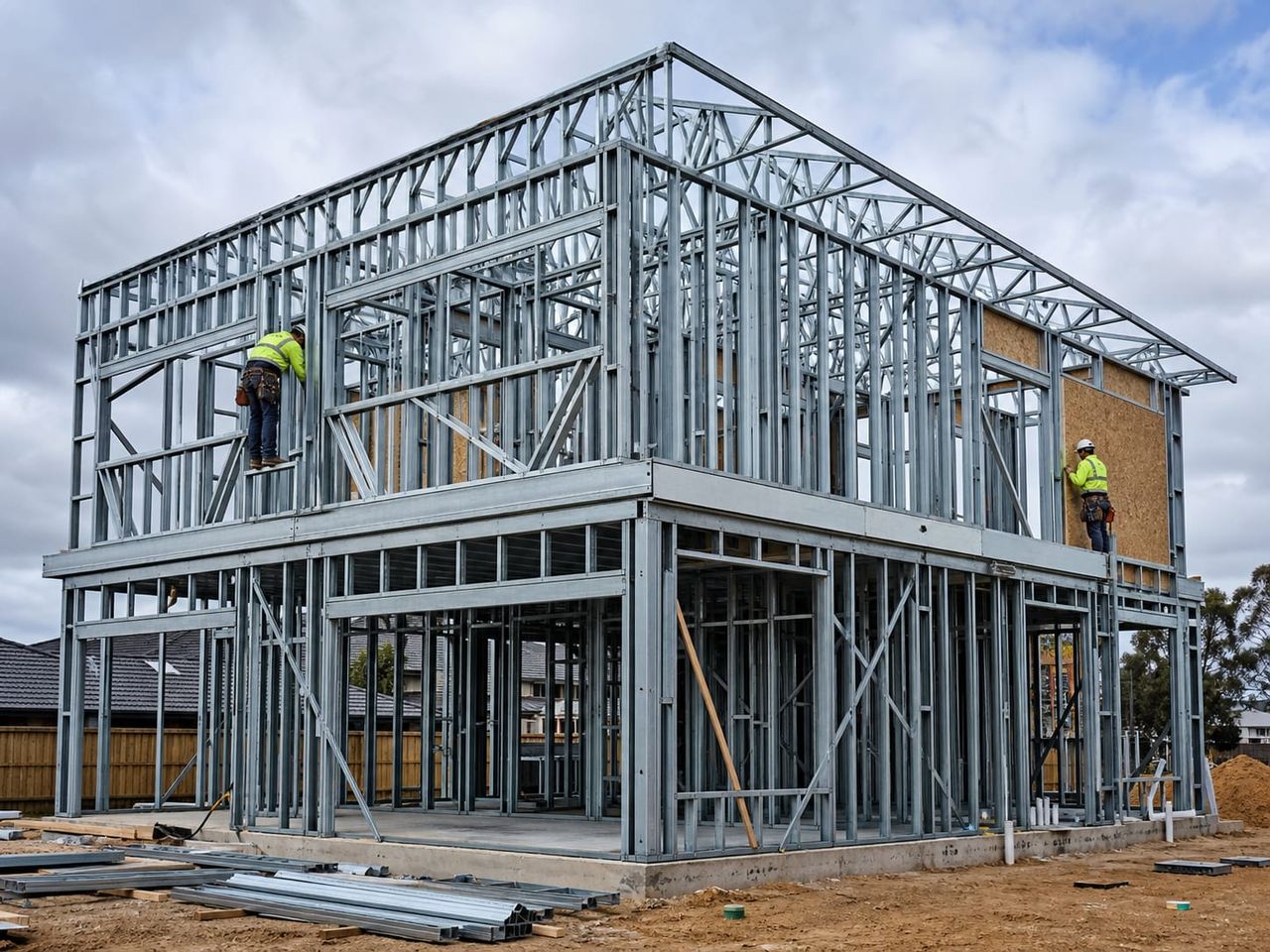 Two-storey steel home frame erection with upper floor structure and bracing in place