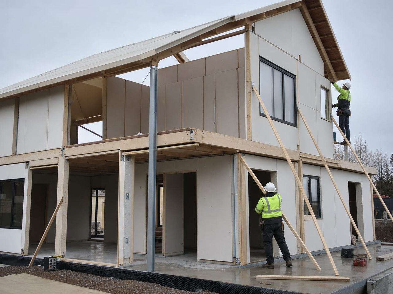 Two-storey prefab home under erection with intermediate floor and upper panels in place