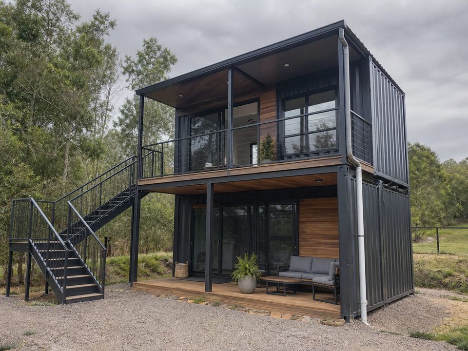 Two-storey container home with veranda, external stairs, and covered outdoor space