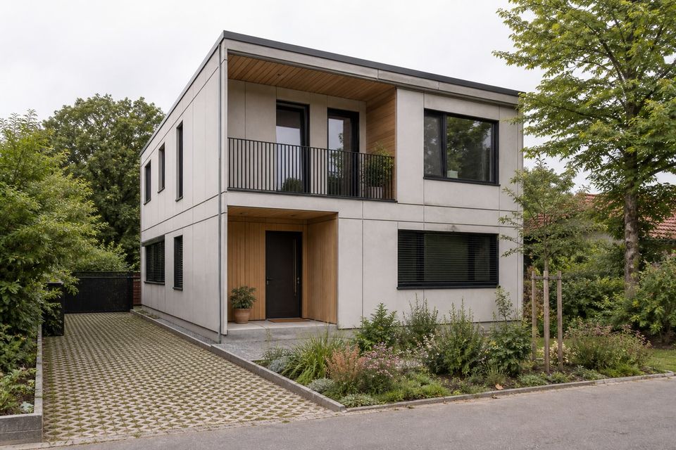 Modern two-storey prefab home with shaded windows and an articulated façade