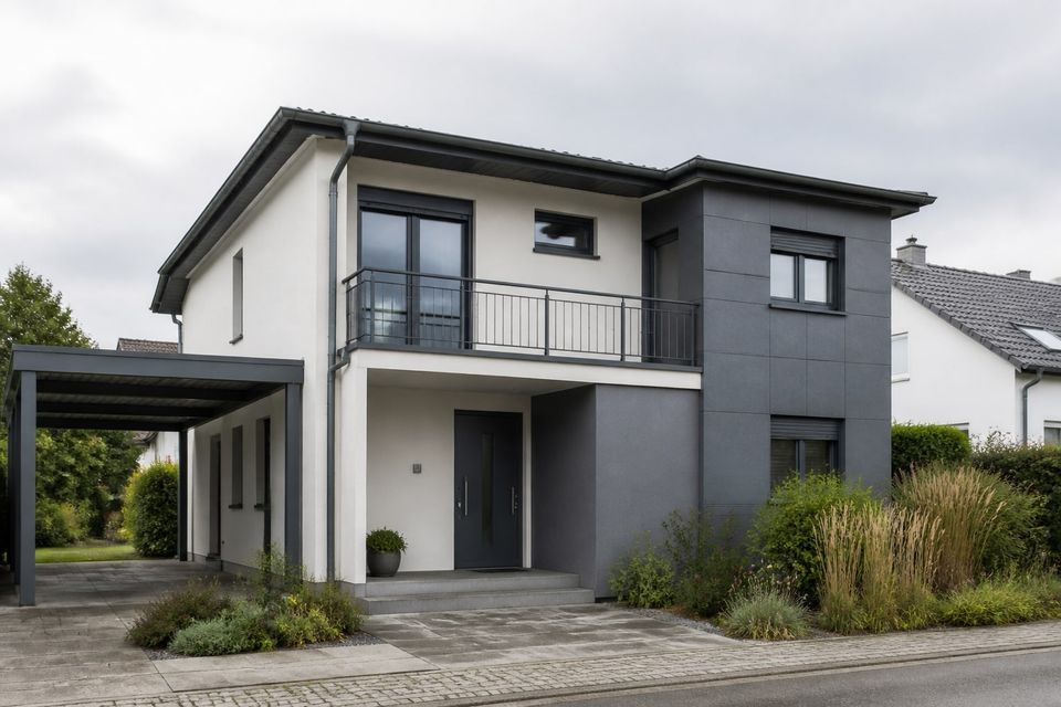 Modern two-storey steel-framed home with shaded glazing and a coordinated façade